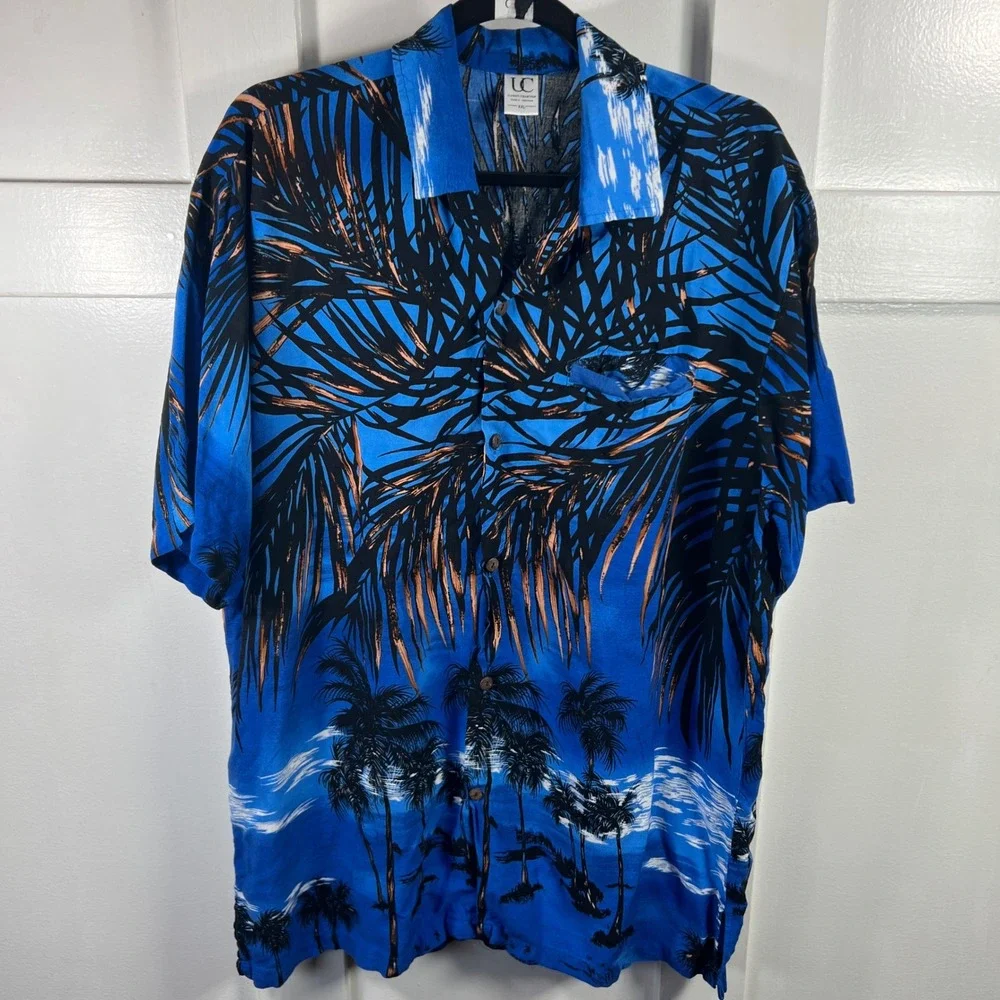 Uluwatu Collection Mens XXL Blue Tropical Palm Tree Rayon Button Down Shirt